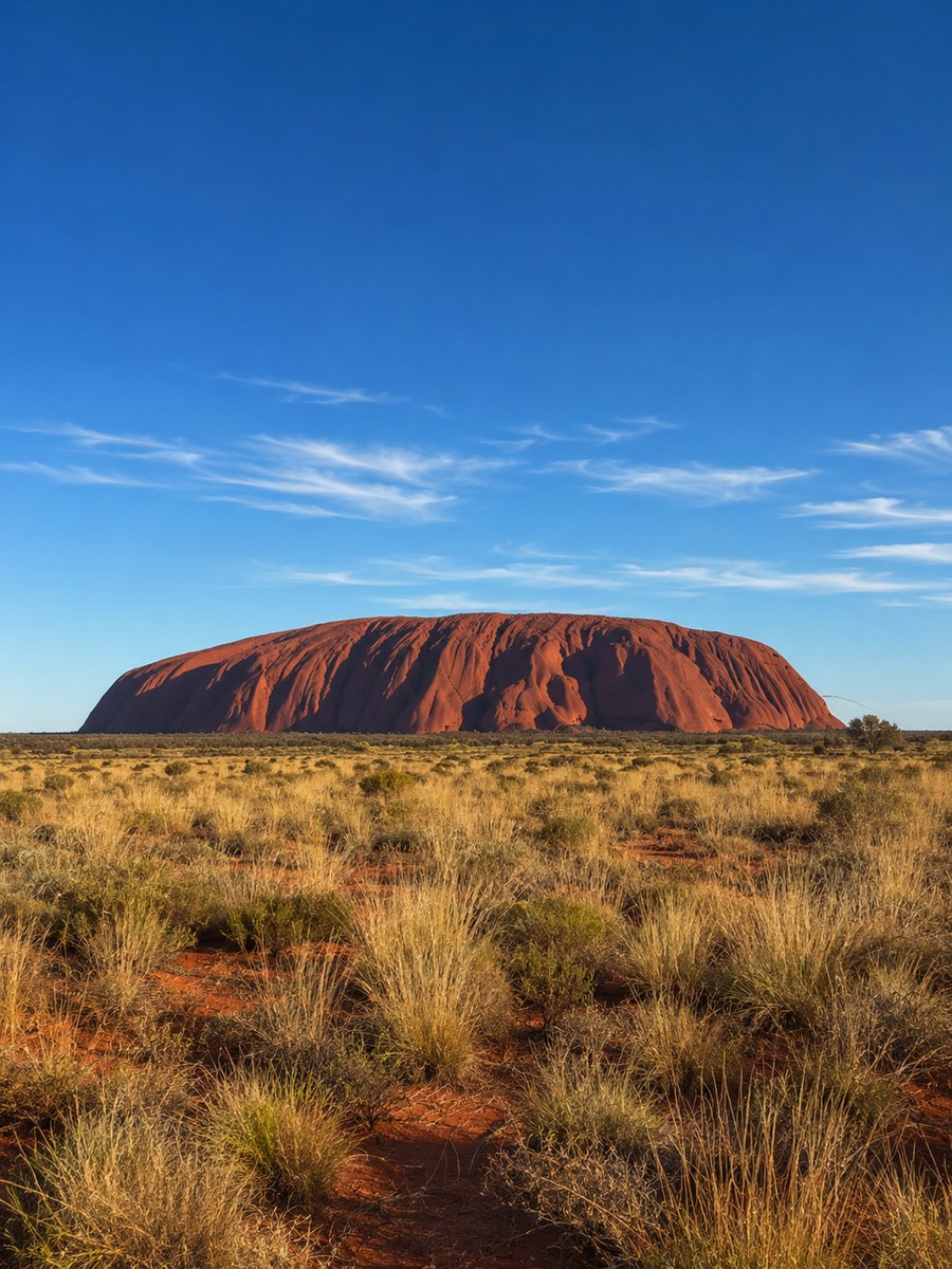 Uluru rising from the desert plain under a brilliant blue sky, golden spinifex in the foreground