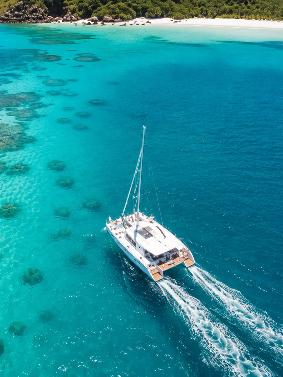 Aerial of a white catamaran cruising over turquoise water and coral reef