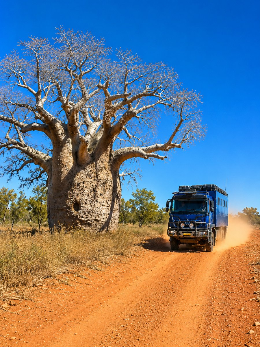 A four-wheel-drive touring truck on a red dirt track beside a giant boab tree