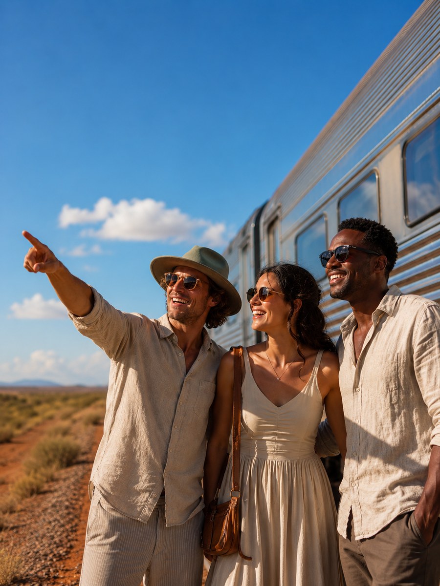 Three travellers smiling beside a silver passenger train in the outback